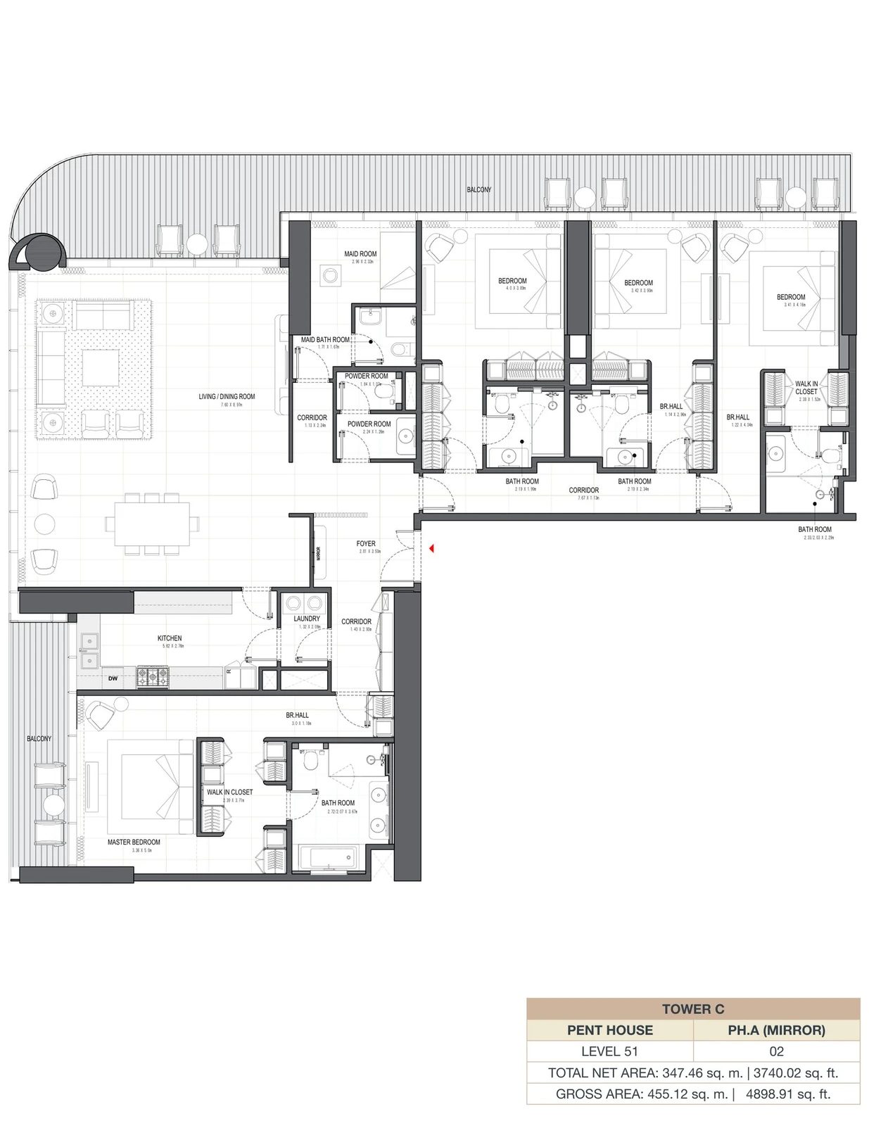Linar by Alef 4-bedroom Tower C Penthouse PH.A Mirror apartment floor plan, 3,740.02 sq ft.