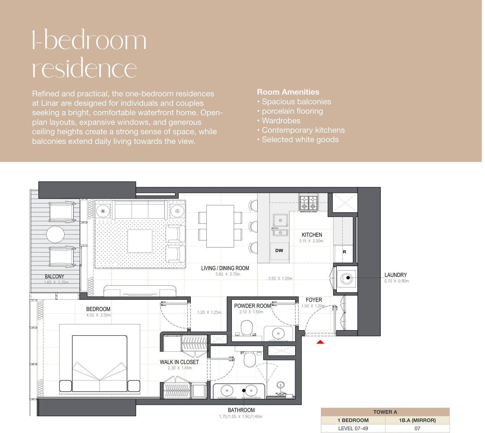 Linar by Alef 1-bedroom Tower A 1 Bedroom 1B.A Mirror apartment floor plan, 827.85 sq ft.