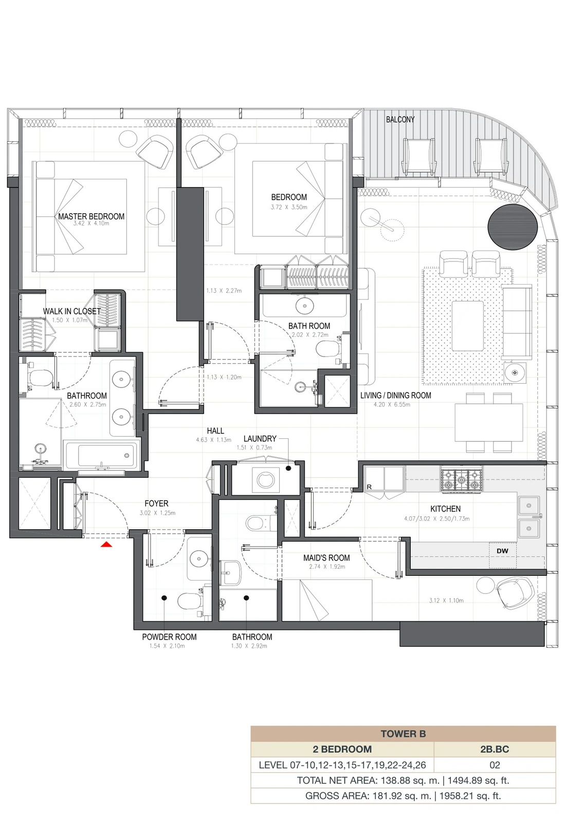 Linar by Alef 2-bedroom Tower B 2 Bedroom 2B.C apartment floor plan, 1,494.89 sq ft.