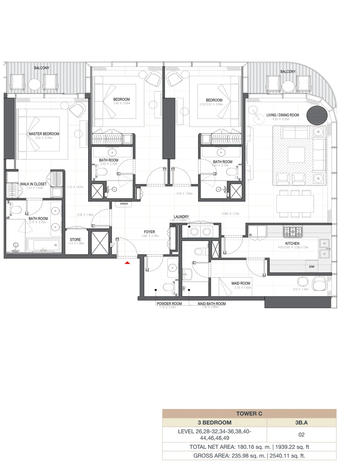 Linar by Alef 3-bedroom Tower C 3 Bedroom 3B.A apartment floor plan, 1,939.22 sq ft.