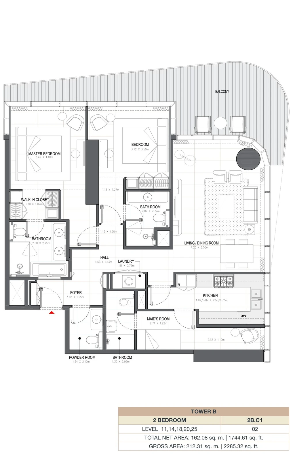 Linar by Alef 2-bedroom Tower B 2 Bedroom 2B.C1 apartment floor plan, 1,744.61 sq ft.