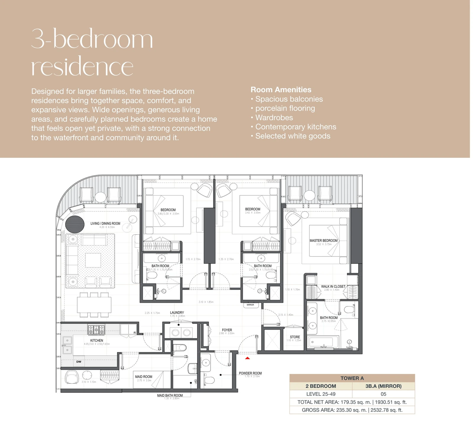 Linar by Alef 3-bedroom Tower A 3 Bedroom 3B.A Mirror apartment floor plan, 1,930.51 sq ft.