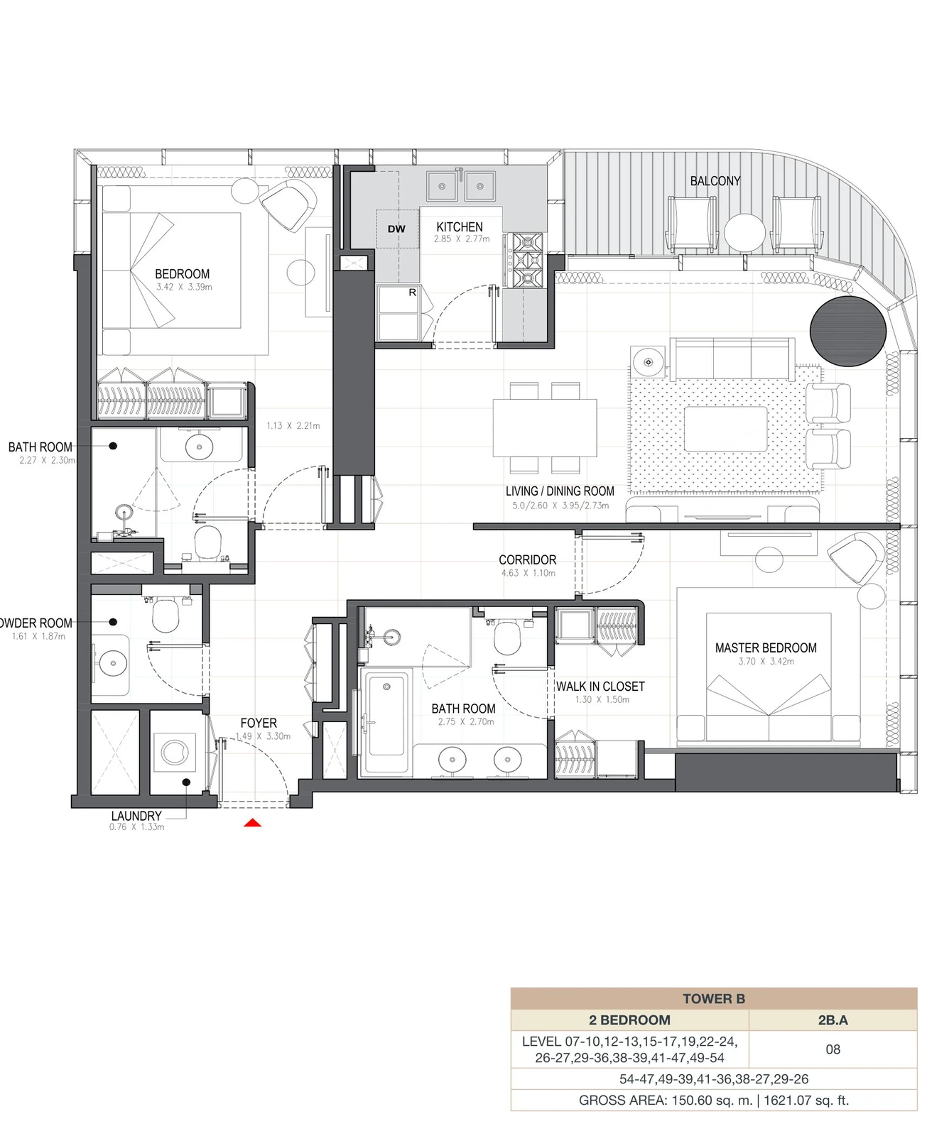 Linar by Alef 2-bedroom Tower B 2 Bedroom 2B.A apartment floor plan, 1,237.53 sq ft.