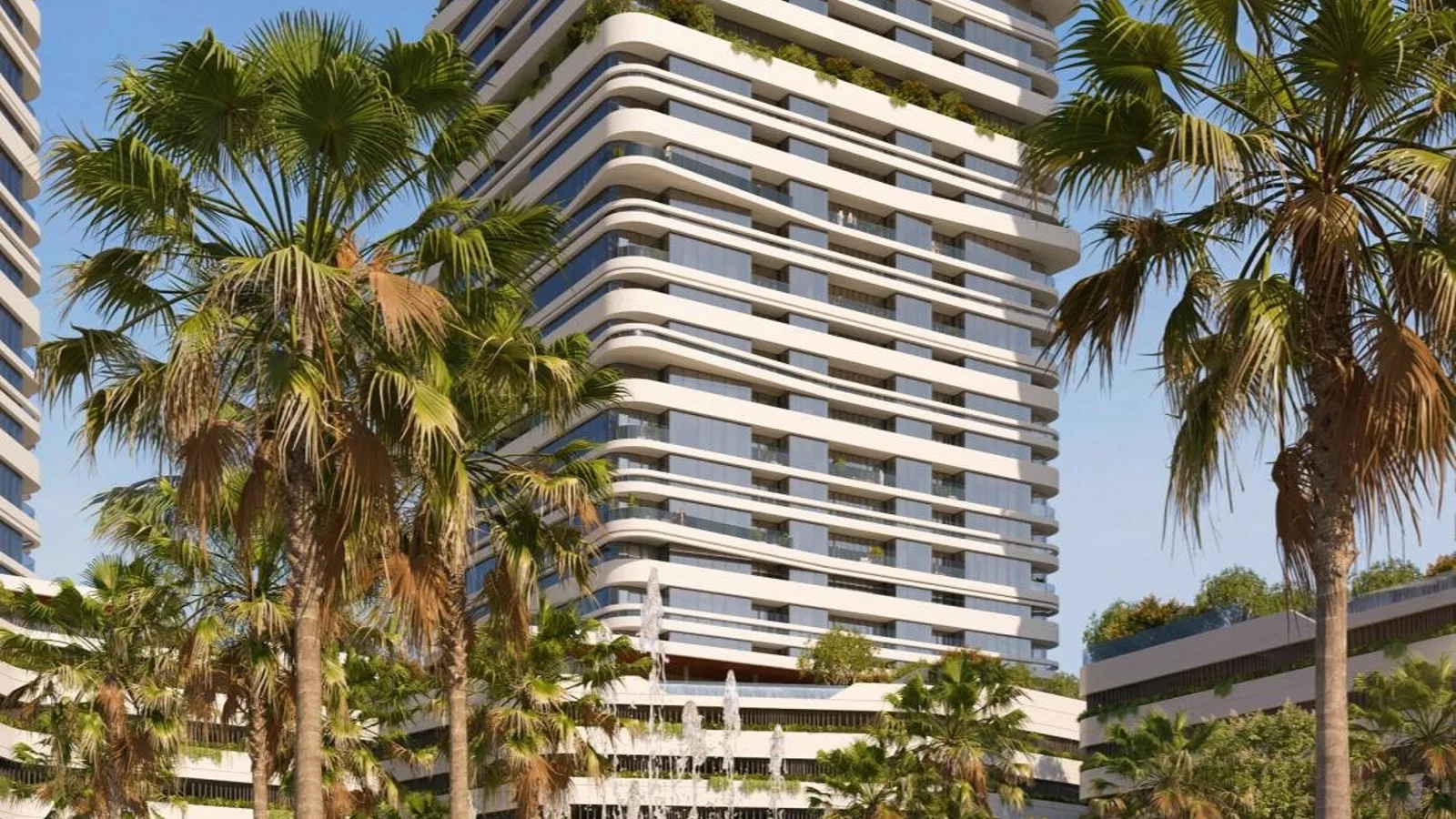 Landscaped central plaza and residential tower at Linar by Alef.