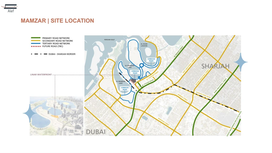Linar by Alef location master plan showing Al Mamzar waterfront road connections between Sharjah and Dubai.