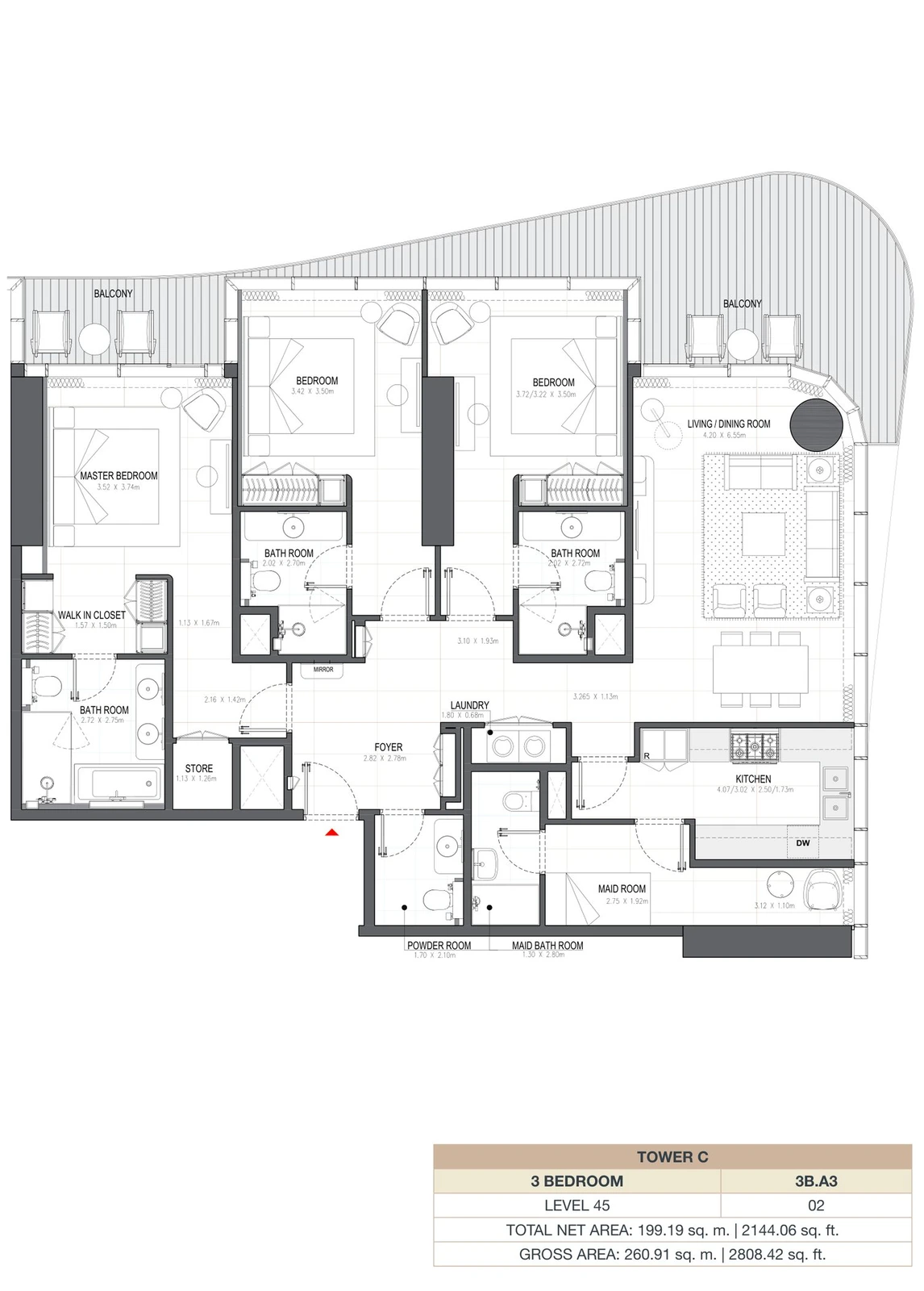 Linar by Alef 3-bedroom Tower C 3 Bedroom 3B.A3 apartment floor plan, 2,144.06 sq ft.
