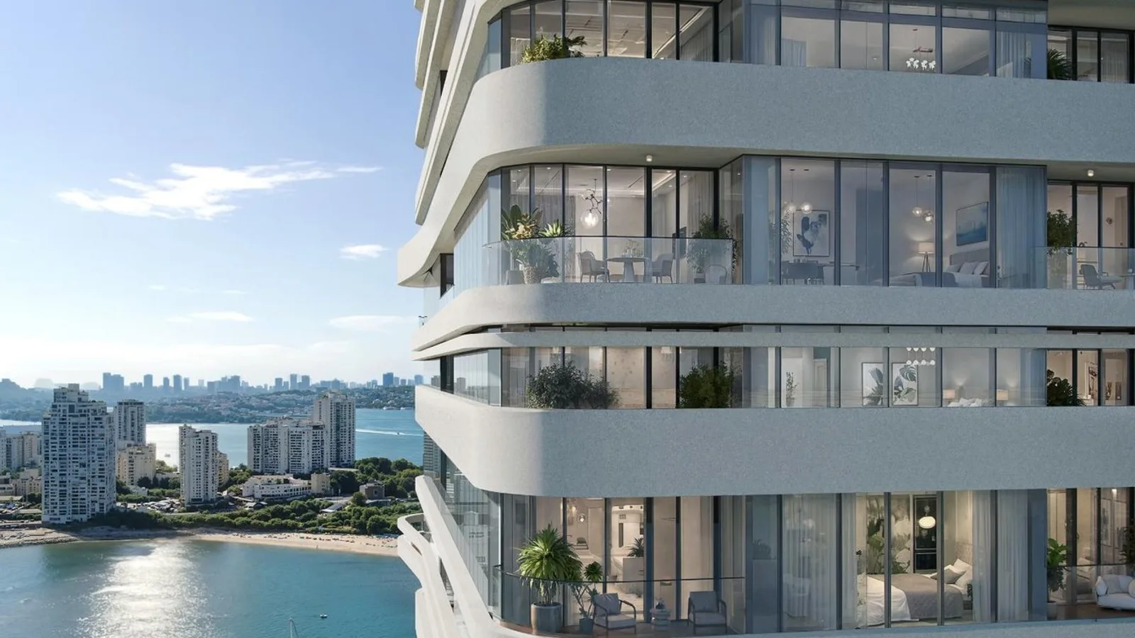 Curved waterfront facade and sea-facing balconies at Linar by Alef.