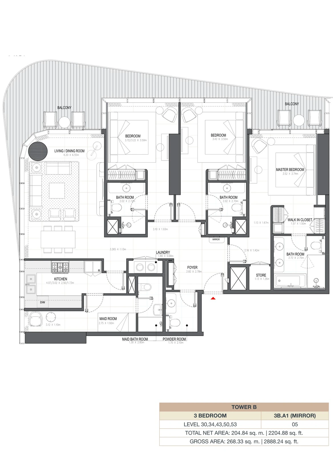 Linar by Alef 3-bedroom Tower B 3 Bedroom 3B.A1 Mirror apartment floor plan, 2,204.88 sq ft.
