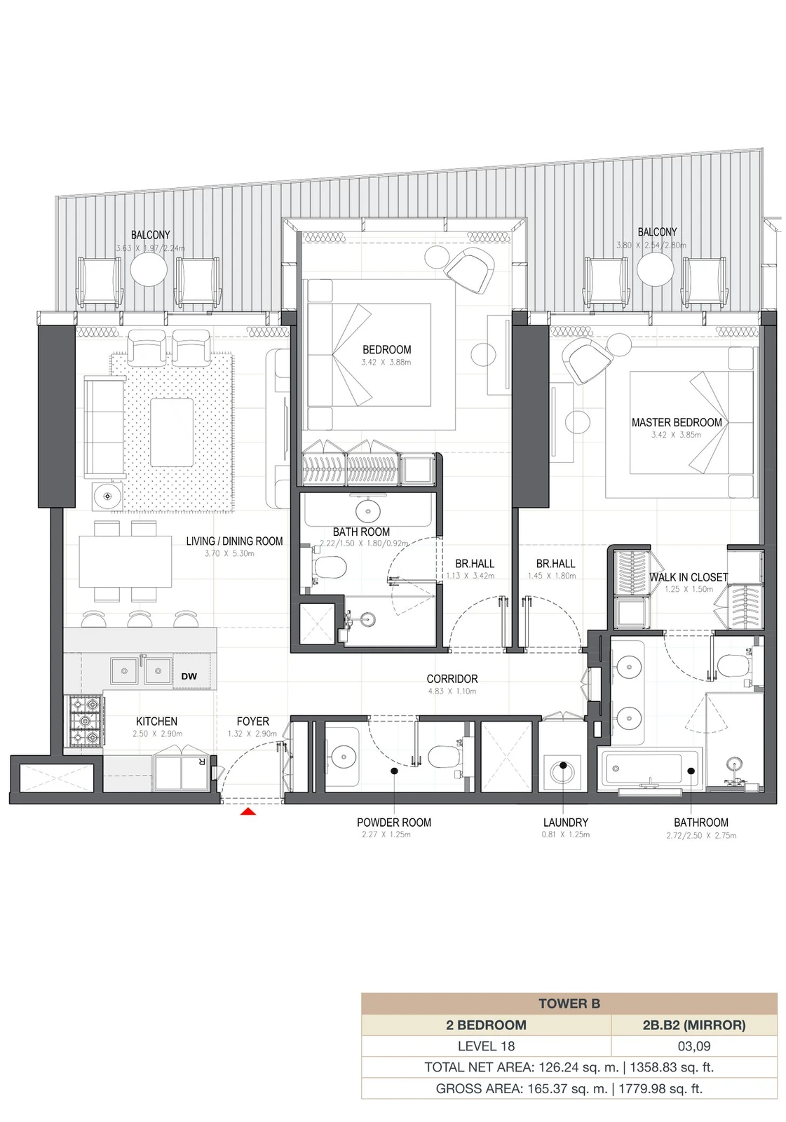 Linar by Alef 2-bedroom Tower B 2 Bedroom 2B.B2 Mirror apartment floor plan, 1,358.83 sq ft.