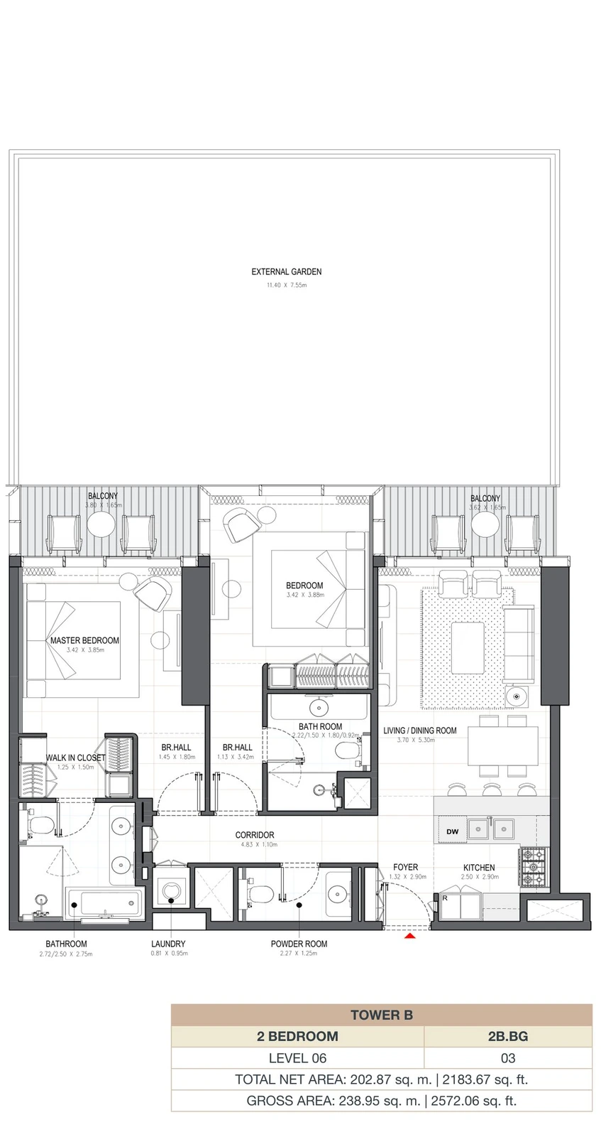 Linar by Alef 2-bedroom Tower B 2 Bedroom 2B.BG apartment floor plan, 2,183.67 sq ft.