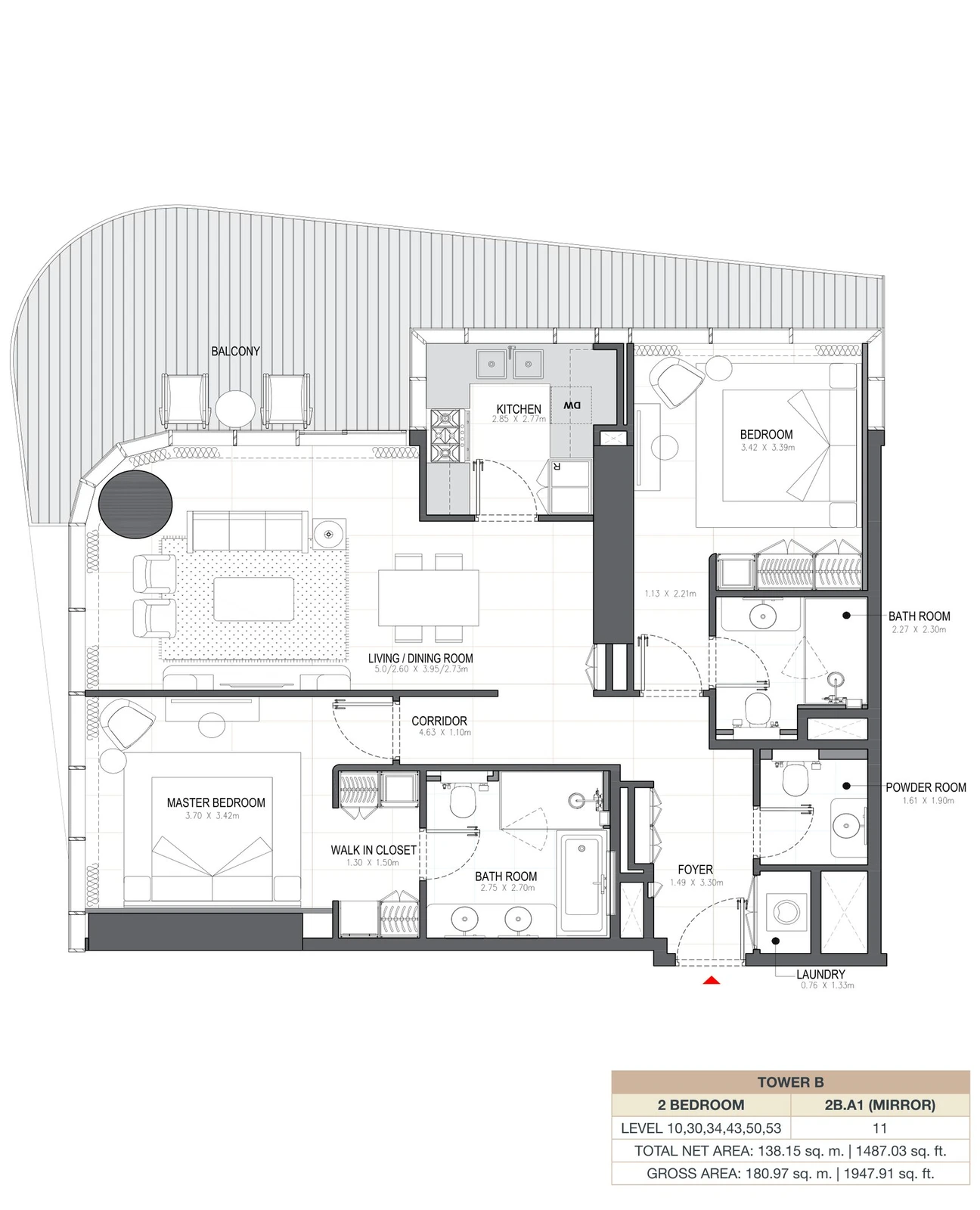 Linar by Alef 2-bedroom Tower B 2 Bedroom 2B.A1 Mirror apartment floor plan, 1,487.03 sq ft.