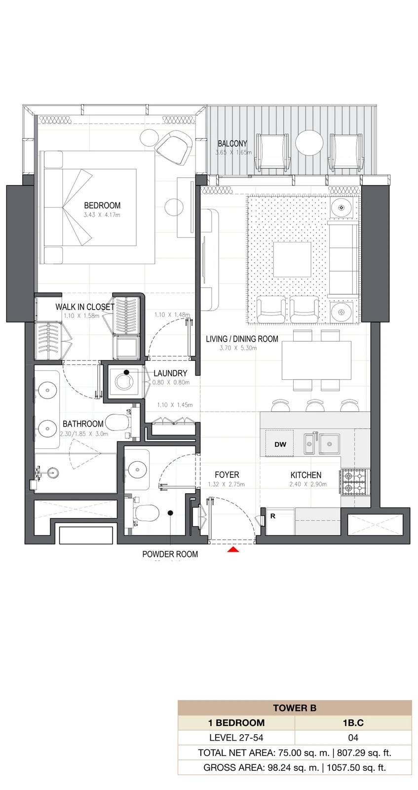 Linar by Alef 1-bedroom Tower B 1 Bedroom 1B.C apartment floor plan, 807.29 sq ft.