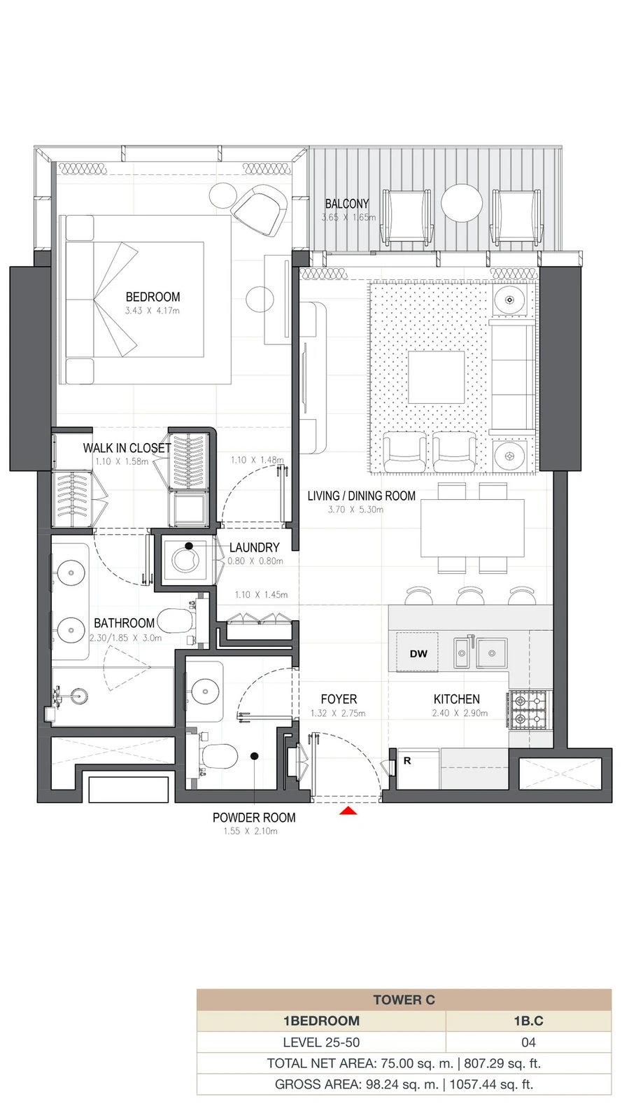 Linar by Alef 1-bedroom Tower C 1 Bedroom 1B.C apartment floor plan, 807.29 sq ft.