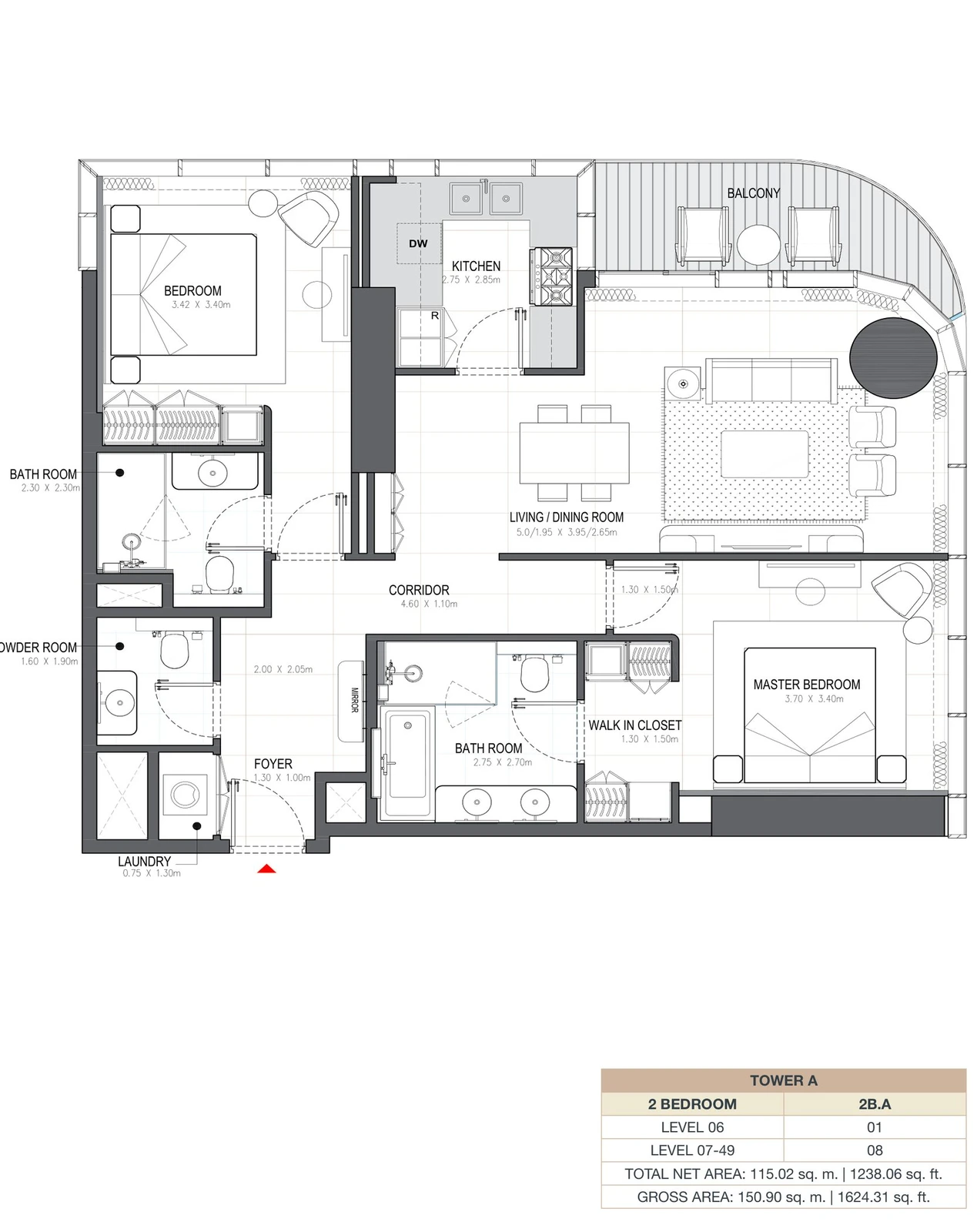 Linar by Alef 2-bedroom Tower A 2 Bedroom 2B.A apartment floor plan, 1,238.06 sq ft.