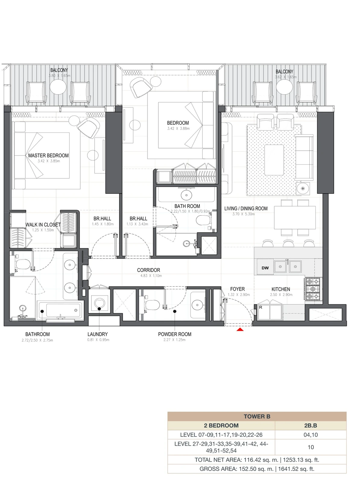 Linar by Alef 2-bedroom Tower B 2 Bedroom 2B.B apartment floor plan, 1,253.13 sq ft.
