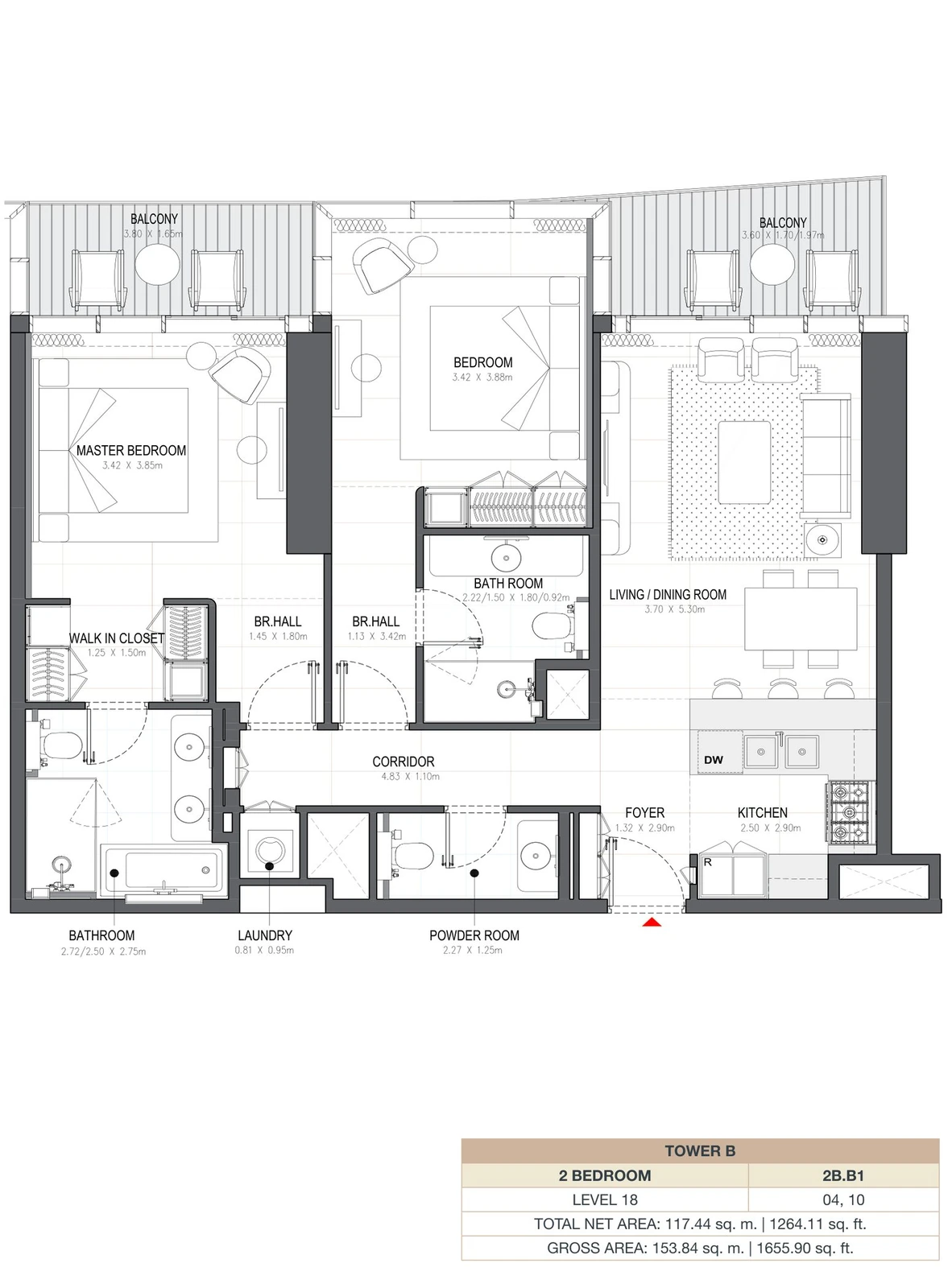 Linar by Alef 2-bedroom Tower B 2 Bedroom 2B.B1 apartment floor plan, 1,264.11 sq ft.