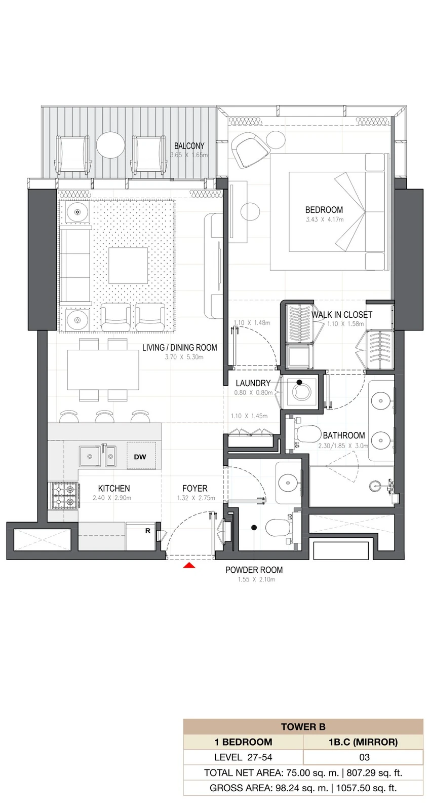 Linar by Alef 1-bedroom Tower B 1 Bedroom 1B.C Mirror apartment floor plan, 807.29 sq ft.