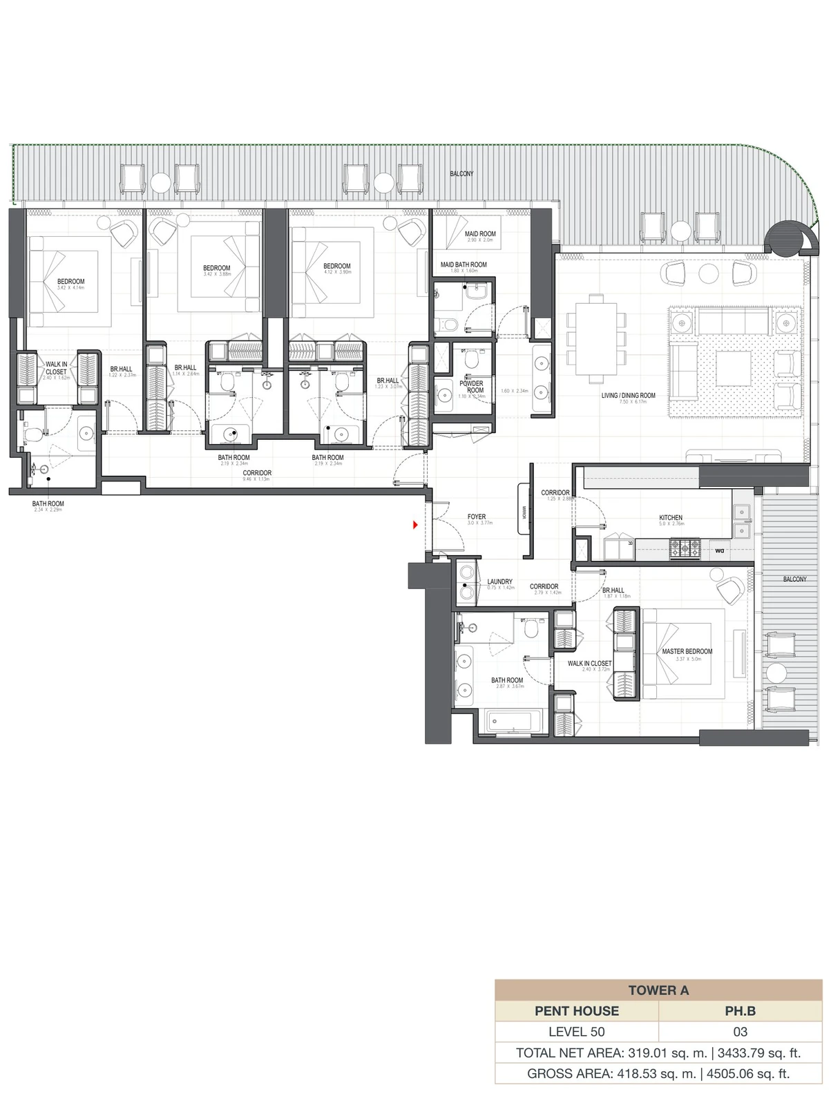 Linar by Alef 4-bedroom Tower A Penthouse PH.B apartment floor plan, 3,433.79 sq ft.