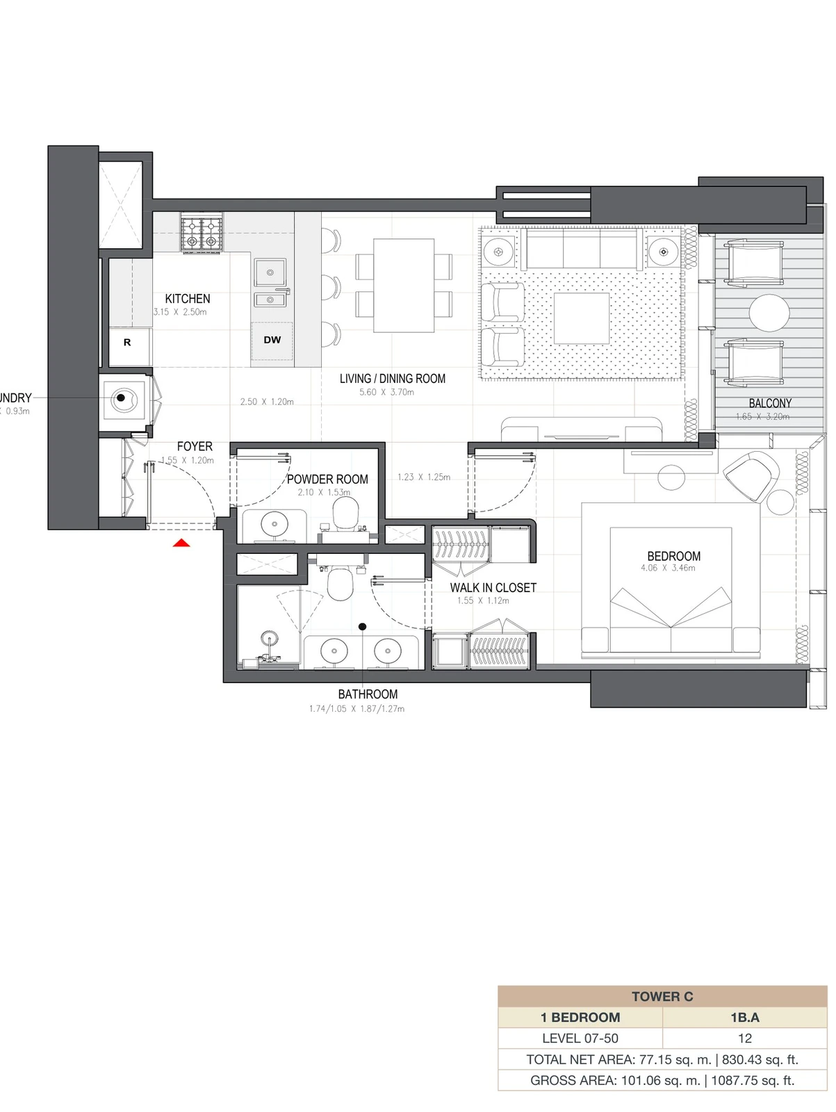 Linar by Alef 1-bedroom Tower C 1 Bedroom 1B.A apartment floor plan, 830.43 sq ft.