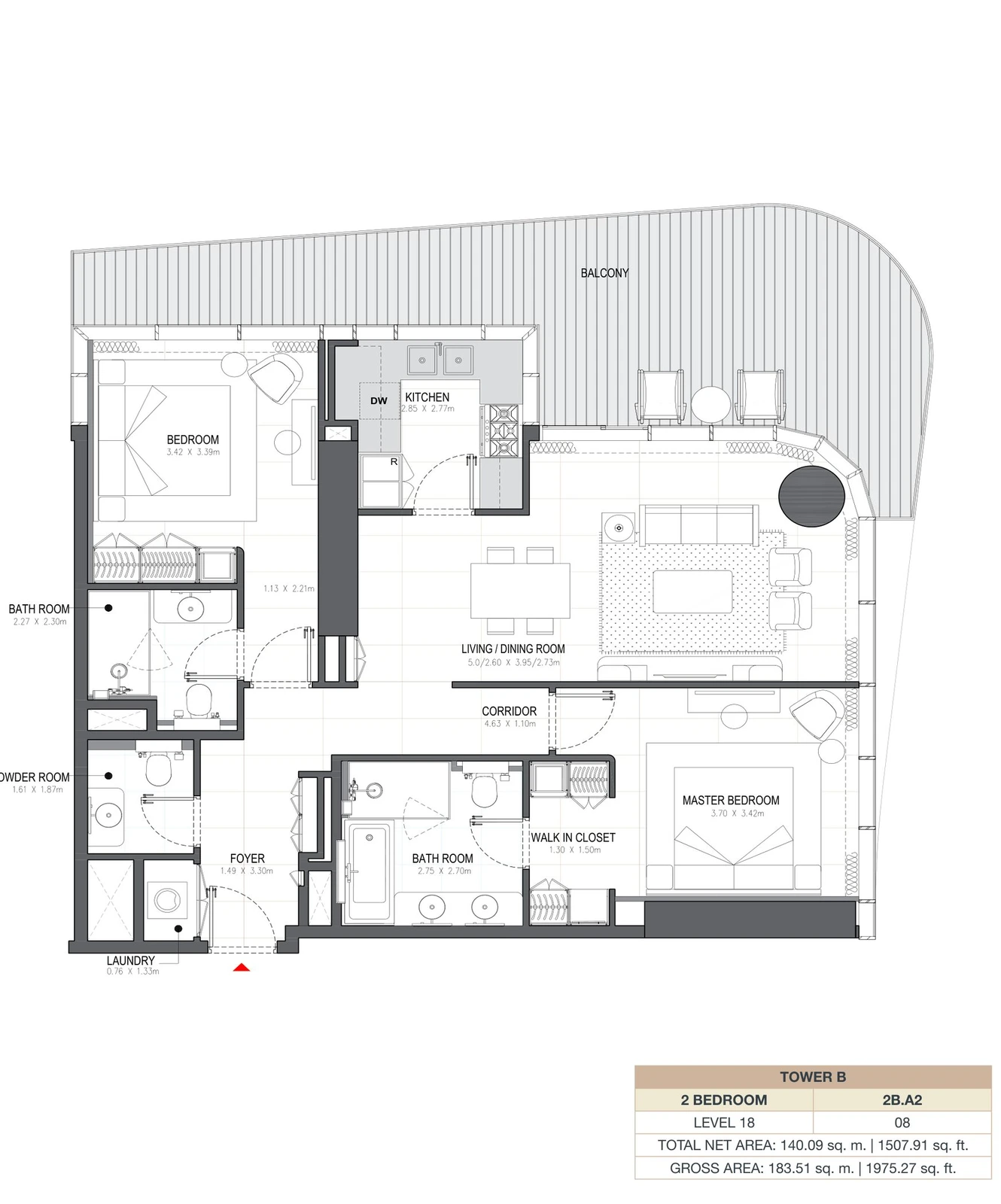 Linar by Alef 2-bedroom Tower B 2 Bedroom 2B.A2 apartment floor plan, 1,507.91 sq ft.