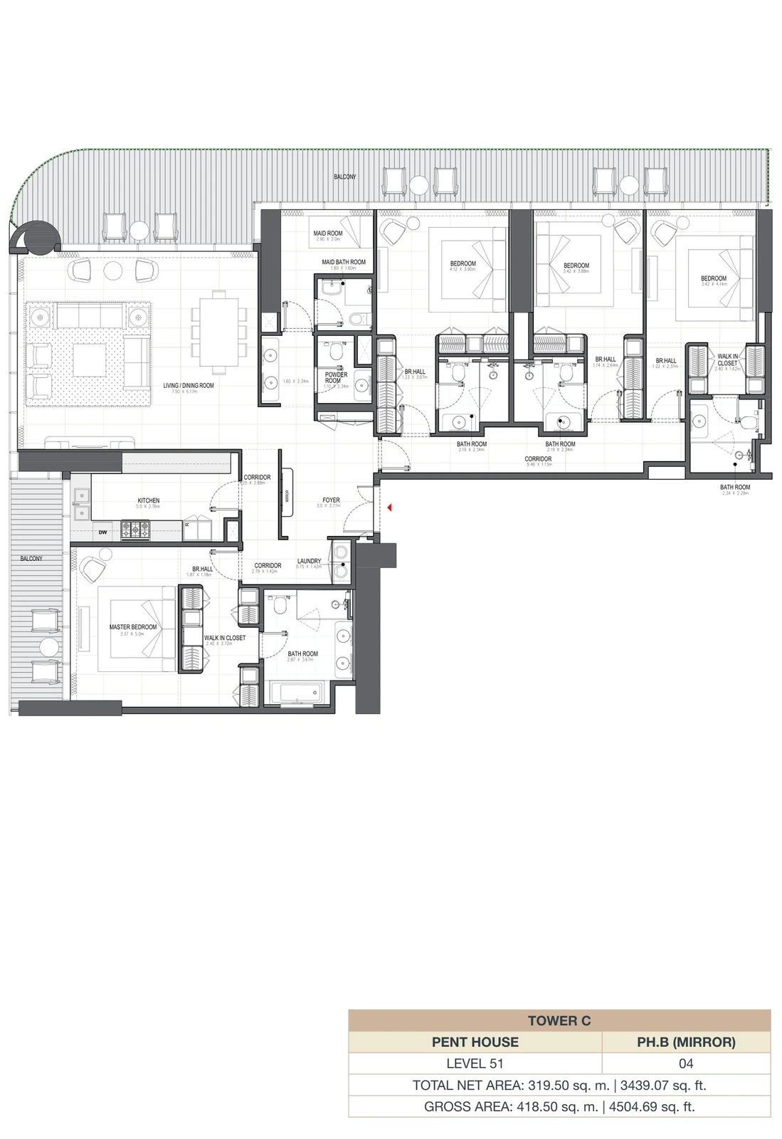 Linar by Alef 4-bedroom Tower C Penthouse PH.B Mirror apartment floor plan, 3,439.07 sq ft.