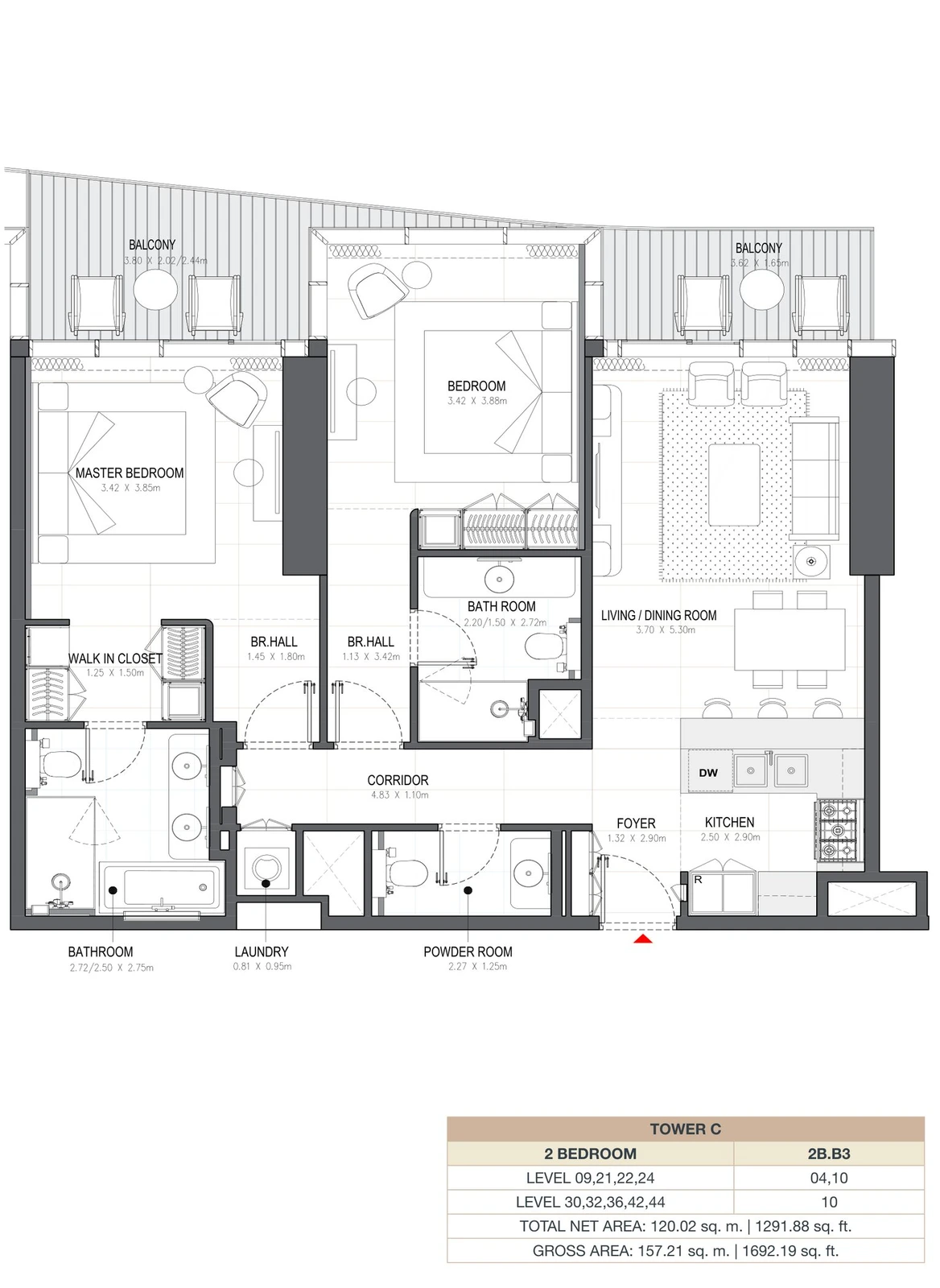Linar by Alef 2-bedroom Tower C 2 Bedroom 2B.B3 apartment floor plan, 1,291.88 sq ft.