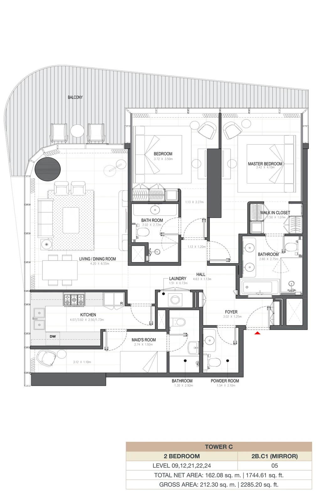 Linar by Alef 2-bedroom Tower C 2 Bedroom 2B.C1 Mirror apartment floor plan, 1,744.61 sq ft.