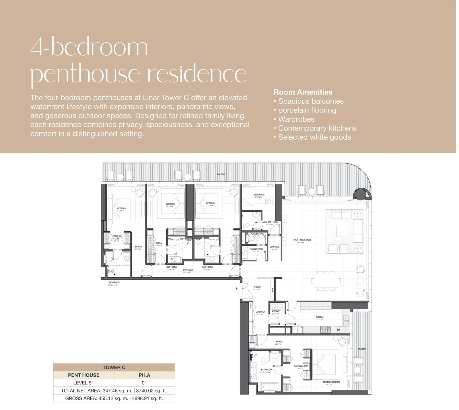 Linar by Alef 4-bedroom Tower C Penthouse PH.A apartment floor plan, 3,740.02 sq ft.