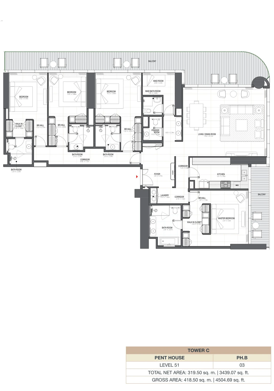 Linar by Alef 4-bedroom Tower C Penthouse PH.B apartment floor plan, 3,439.07 sq ft.