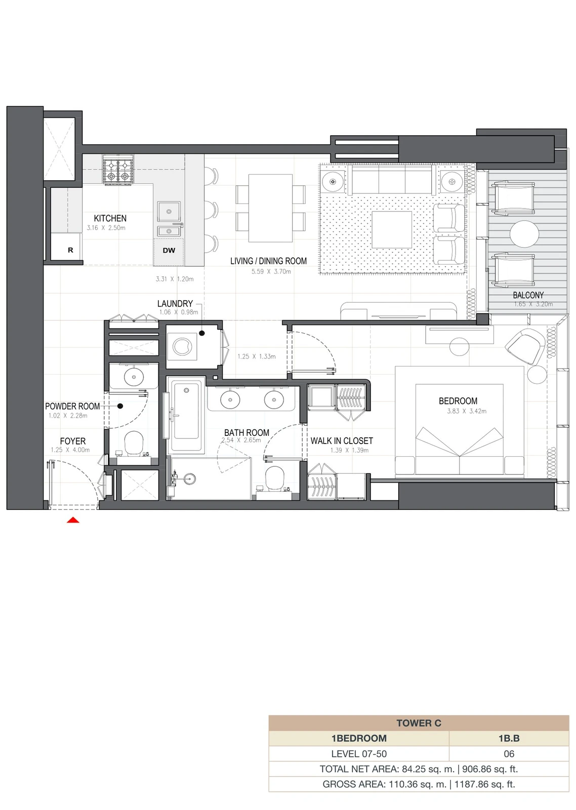 Linar by Alef 1-bedroom Tower C 1 Bedroom 1B.B apartment floor plan, 906.86 sq ft.
