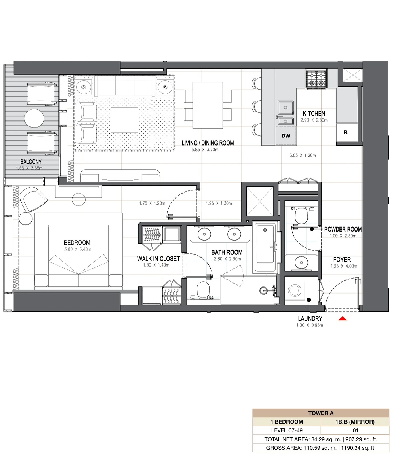 Linar by Alef 1-bedroom Tower A 1 Bedroom 1B.B Mirror apartment floor plan, 907.29 sq ft.