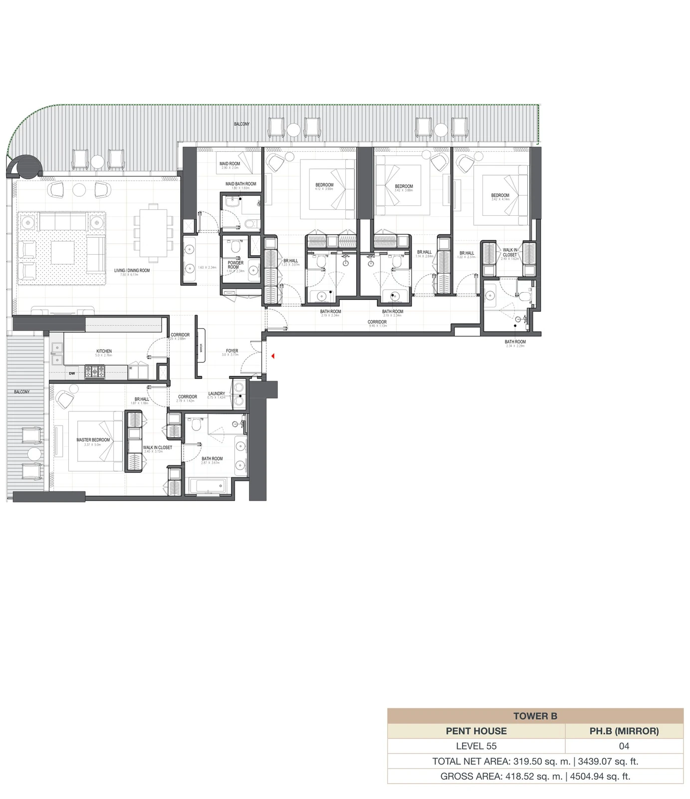 Linar by Alef 4-bedroom Tower B Penthouse PH.B Mirror apartment floor plan, 3,439.07 sq ft.