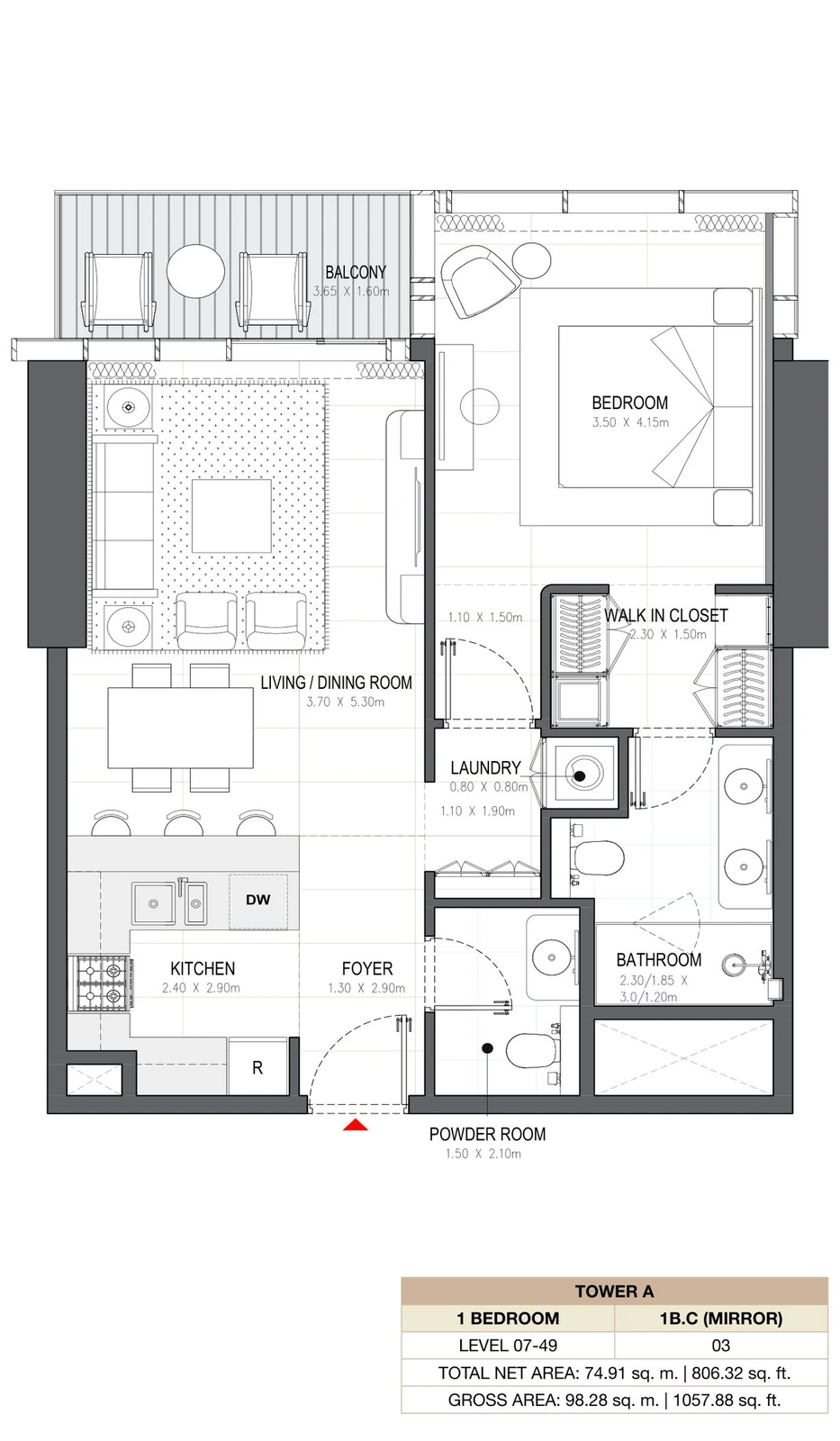 Linar by Alef 1-bedroom Tower A 1 Bedroom 1B.C Mirror apartment floor plan, 806.32 sq ft.