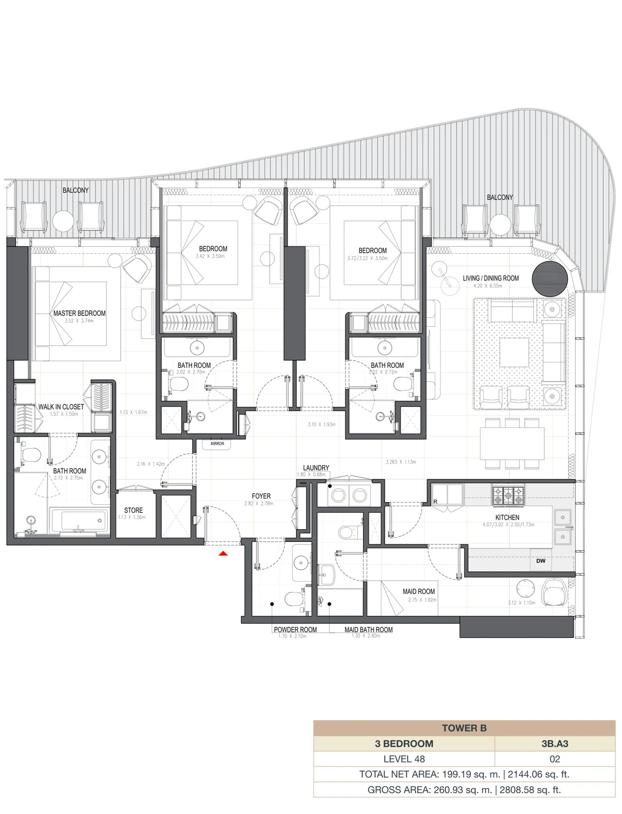 Linar by Alef 3-bedroom Tower B 3 Bedroom 3B.A3 apartment floor plan, 2,144.06 sq ft.