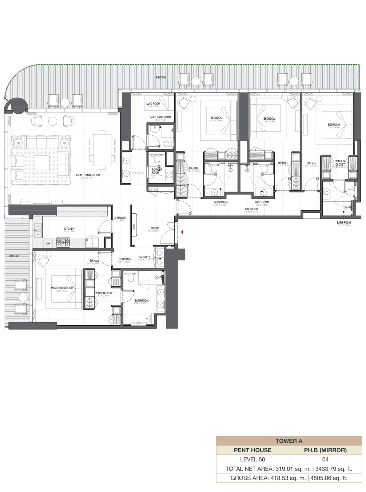Linar by Alef 4-bedroom Tower A Penthouse PH.B Mirror apartment floor plan, 3,433.79 sq ft.