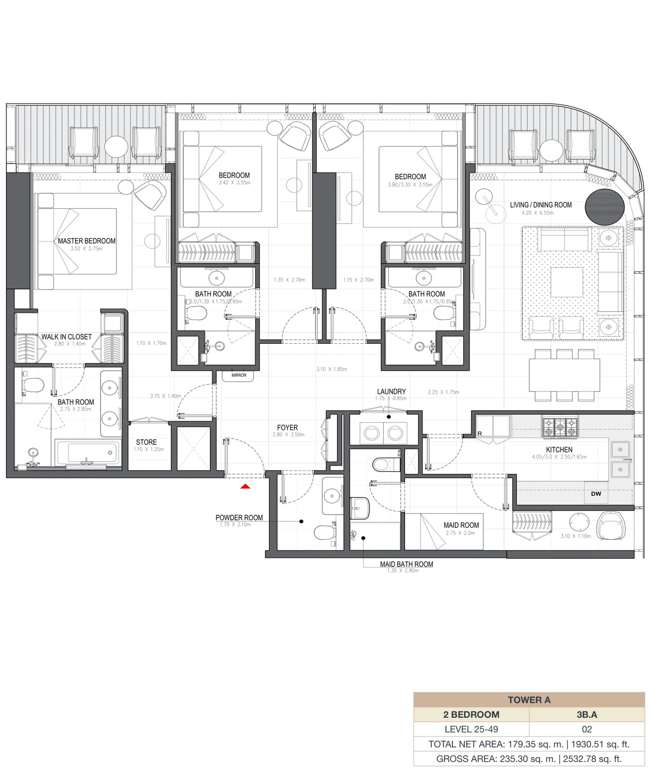 Linar by Alef 3-bedroom Tower A 3 Bedroom 3B.A apartment floor plan, 1,930.51 sq ft.
