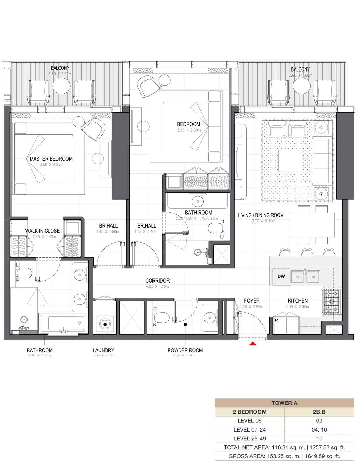 Linar by Alef 2-bedroom Tower A 2 Bedroom 2B.B apartment floor plan, 1,257.33 sq ft.