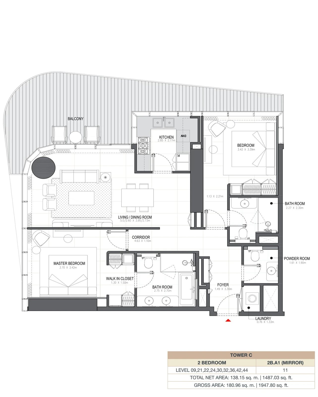 Linar by Alef 2-bedroom Tower C 2 Bedroom 2B.A1 Mirror apartment floor plan, 1,487.03 sq ft.