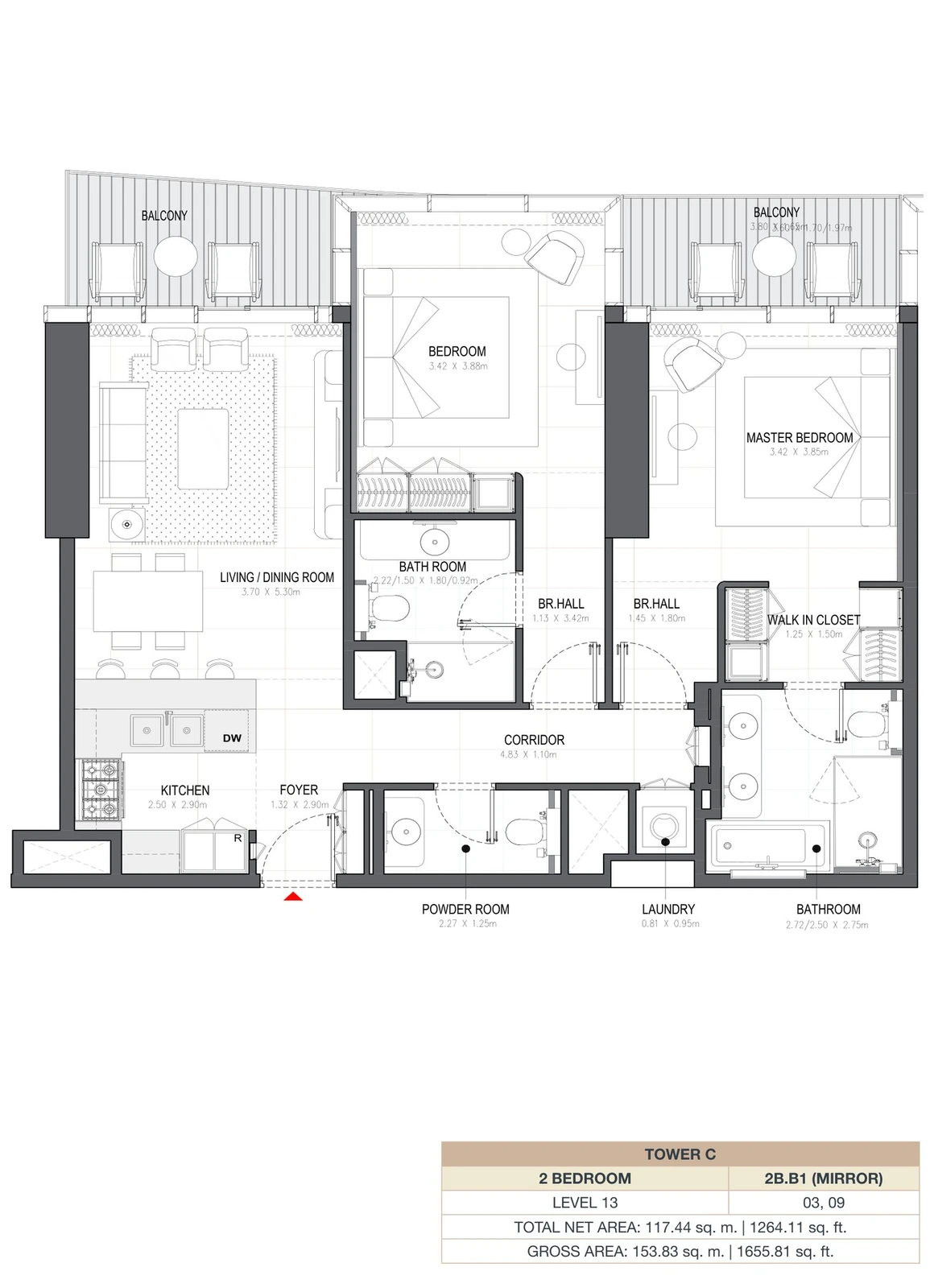 Linar by Alef 2-bedroom Tower C 2 Bedroom 2B.B1 Mirror apartment floor plan, 1,264.11 sq ft.