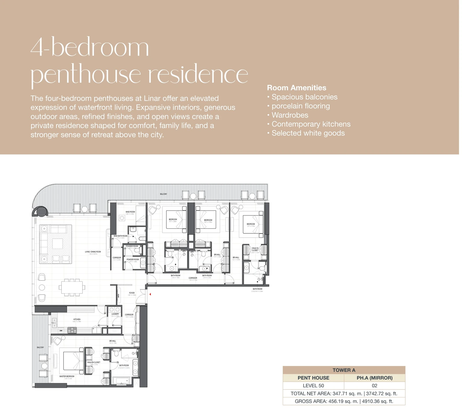 Linar by Alef 4-bedroom Tower A Penthouse PH.A Mirror apartment floor plan, 3,742.72 sq ft.