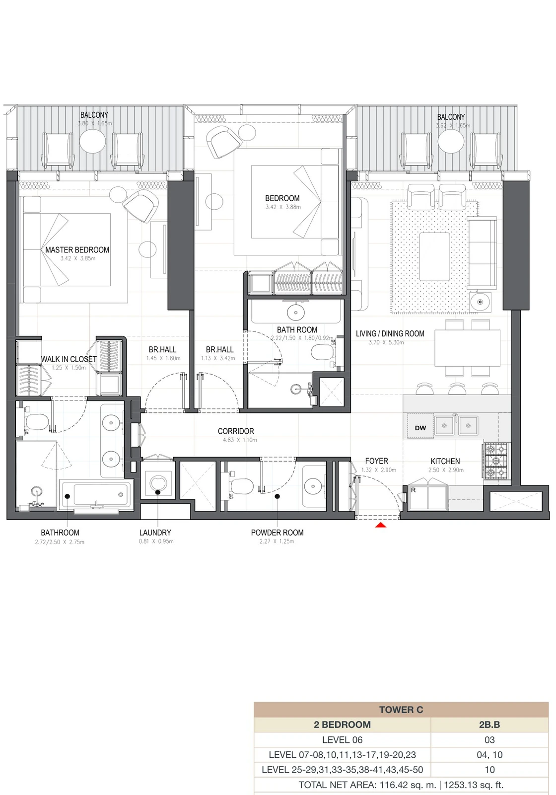 Linar by Alef 2-bedroom Tower C 2 Bedroom 2B.B apartment floor plan, 1,253.13 sq ft.