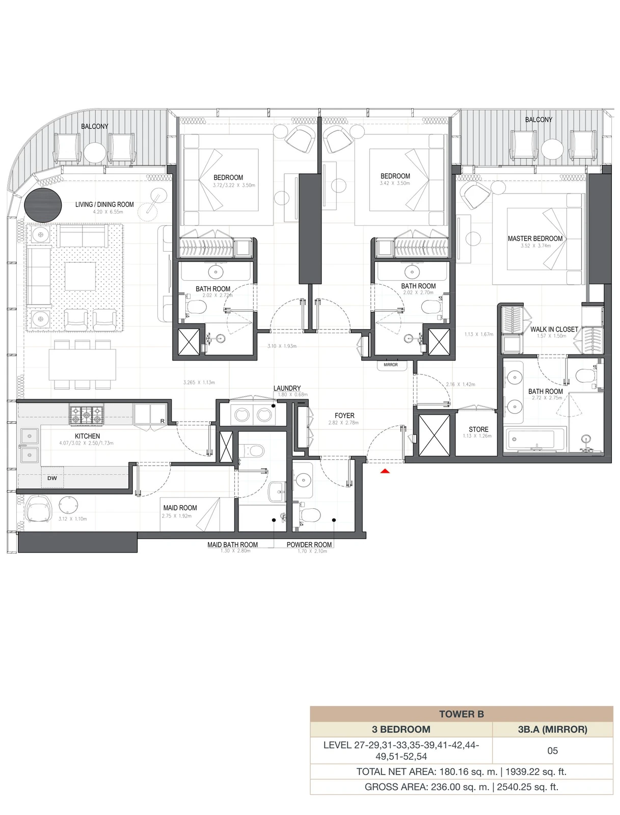 Linar by Alef 3-bedroom Tower B 3 Bedroom 3B.A Mirror apartment floor plan, 1,939.22 sq ft.