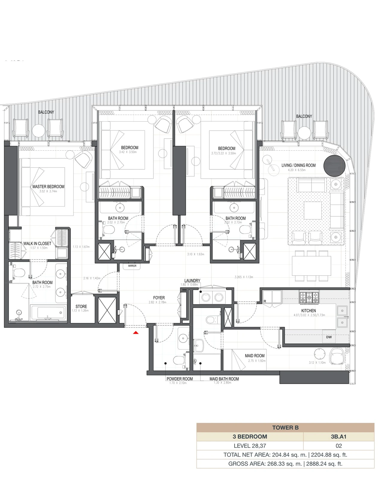 Linar by Alef 3-bedroom Tower B 3 Bedroom 3B.A1 apartment floor plan, 2,204.88 sq ft.