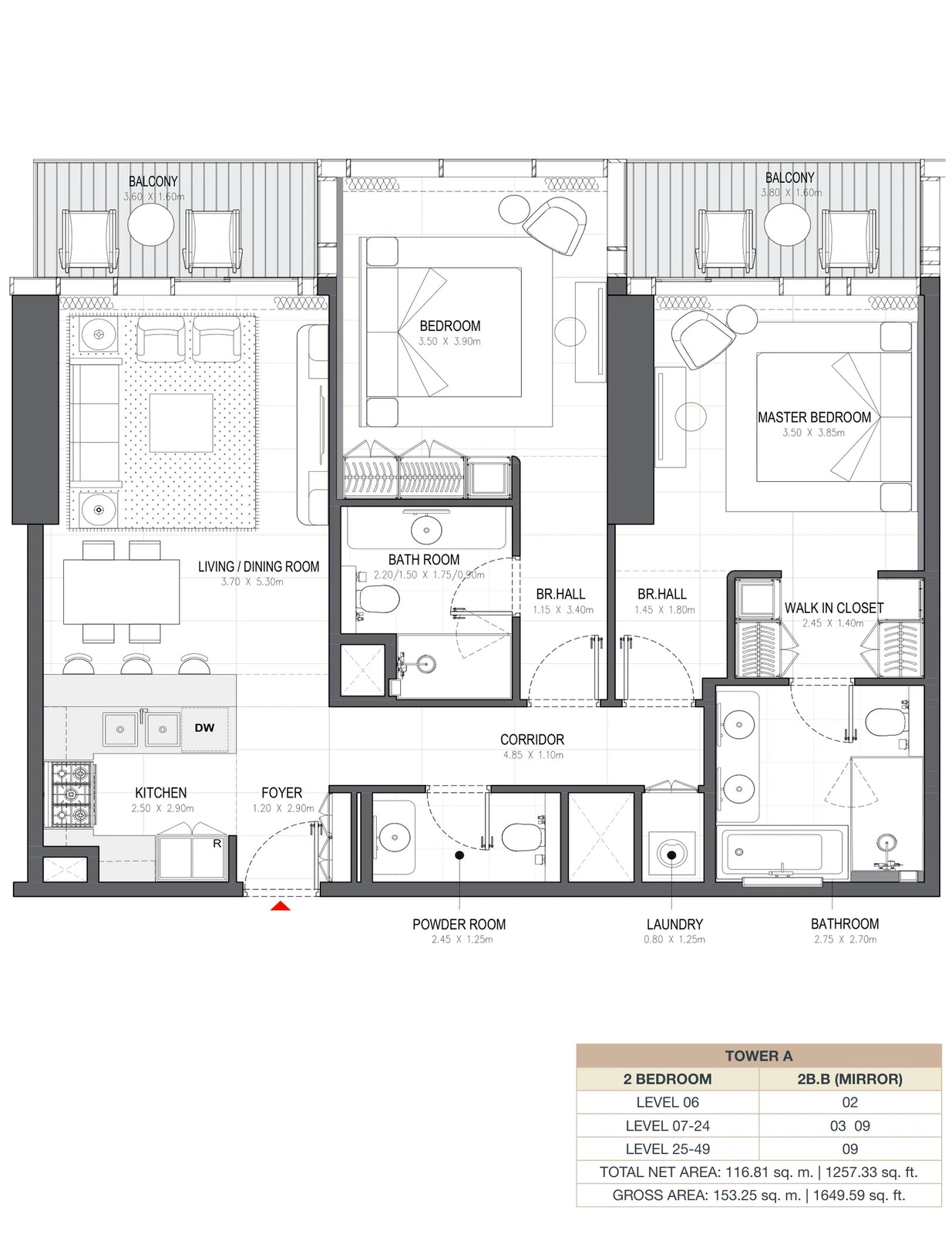 Linar by Alef 2-bedroom Tower A 2 Bedroom 2B.B Mirror apartment floor plan, 1,257.33 sq ft.