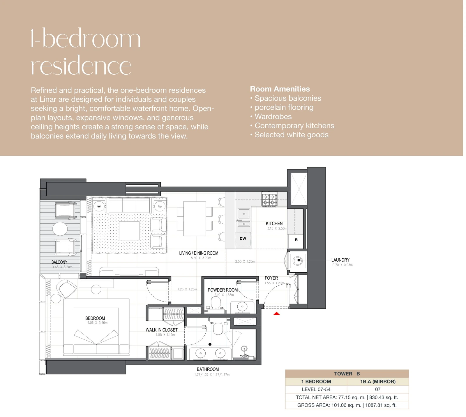 Linar by Alef 1-bedroom Tower B 1 Bedroom 1B.A Mirror apartment floor plan, 830.43 sq ft.