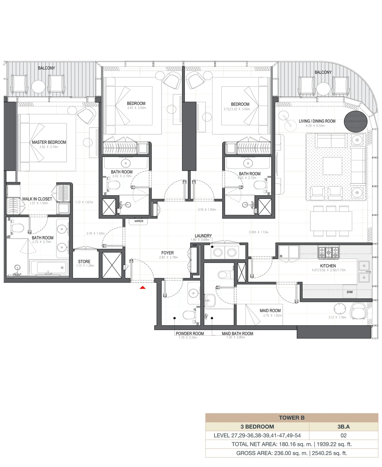 Linar by Alef 3-bedroom Tower B 3 Bedroom 3B.A apartment floor plan, 1,939.22 sq ft.