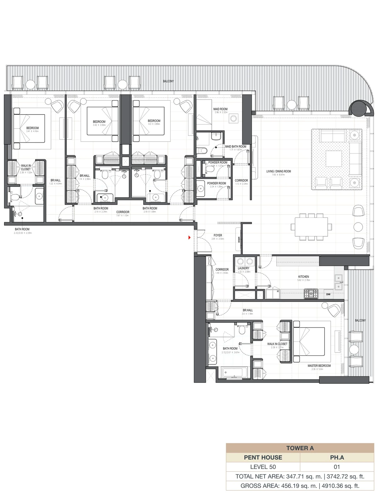 Linar by Alef 4-bedroom Tower A Penthouse PH.A apartment floor plan, 3,742.72 sq ft.