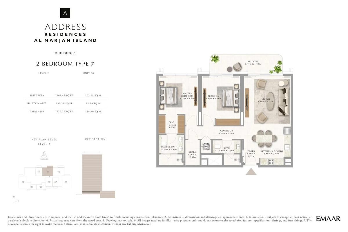 Address Residences Al Marjan Island 2-bedroom Type 7 apartment Level 2 floor plan in Building 6, 1,236.77 sq ft.