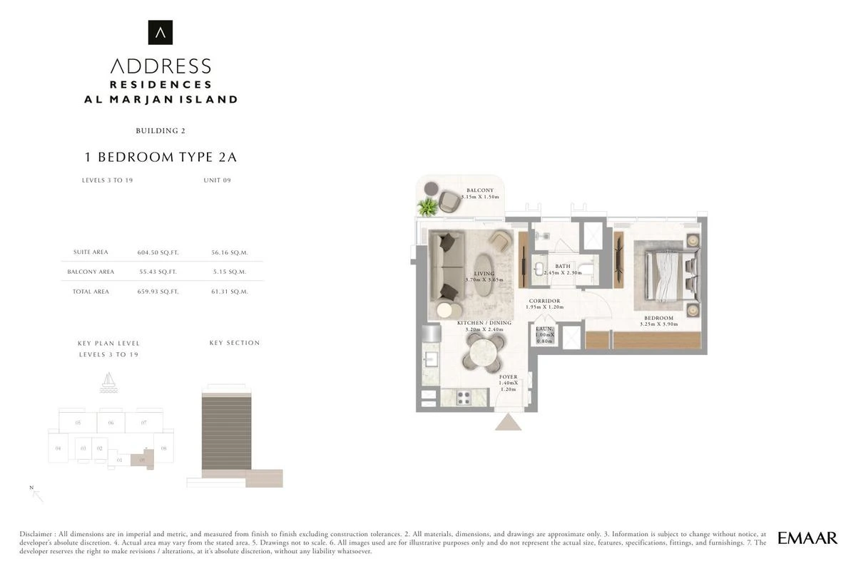 Address Residences Al Marjan Island 1-bedroom Type 2A apartment Level 3 to 19 floor plan in Building 2, 659.93 sq ft.