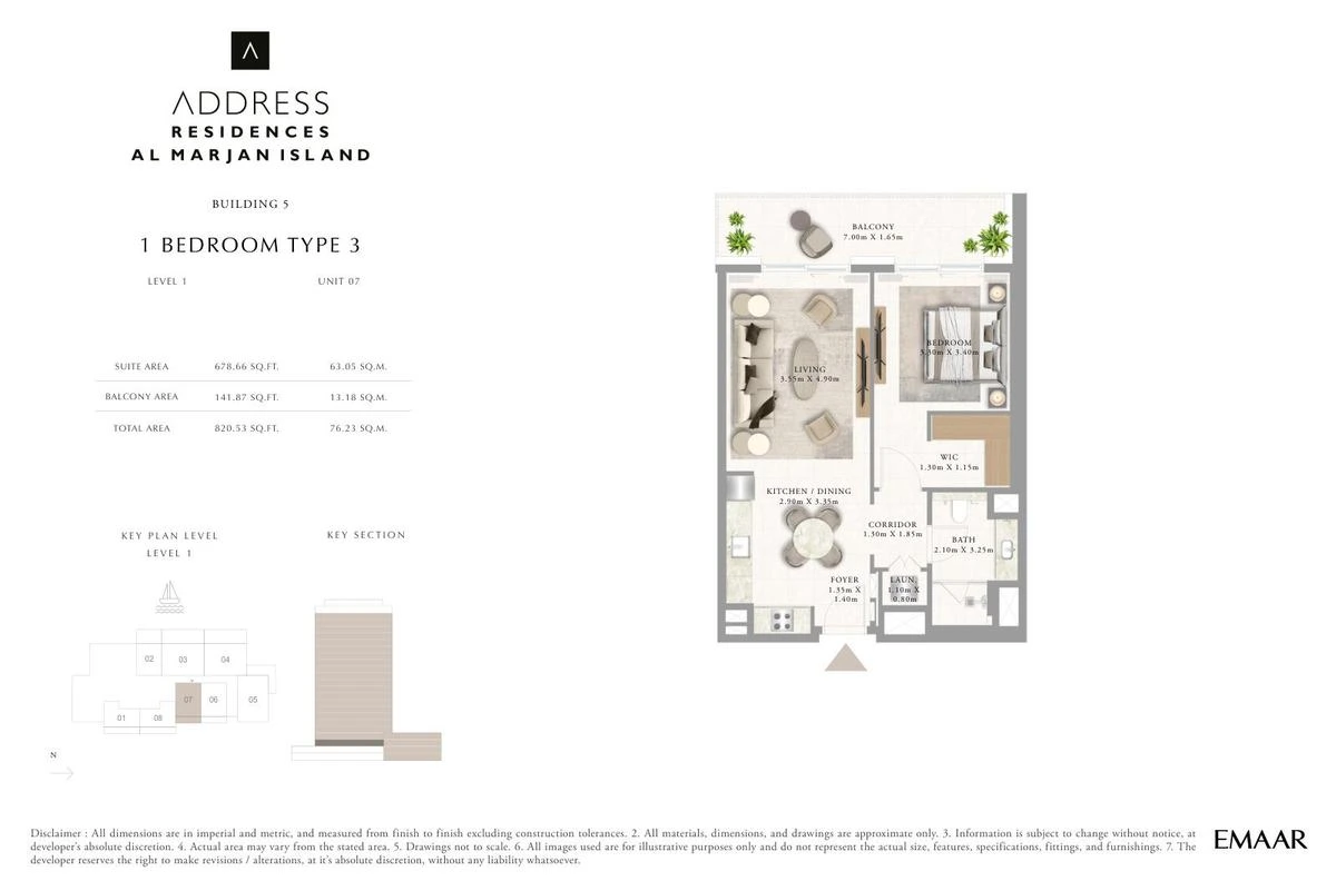 Address Residences Al Marjan Island 1-bedroom Type 3 apartment Level 1 floor plan in Building 5, 820.53 sq ft.